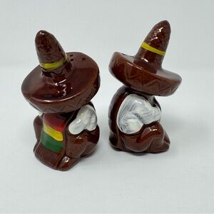 Vintage Redware Cold Painted Mexican Siesta Sleep Sombrero Salt & Pepper Shakers